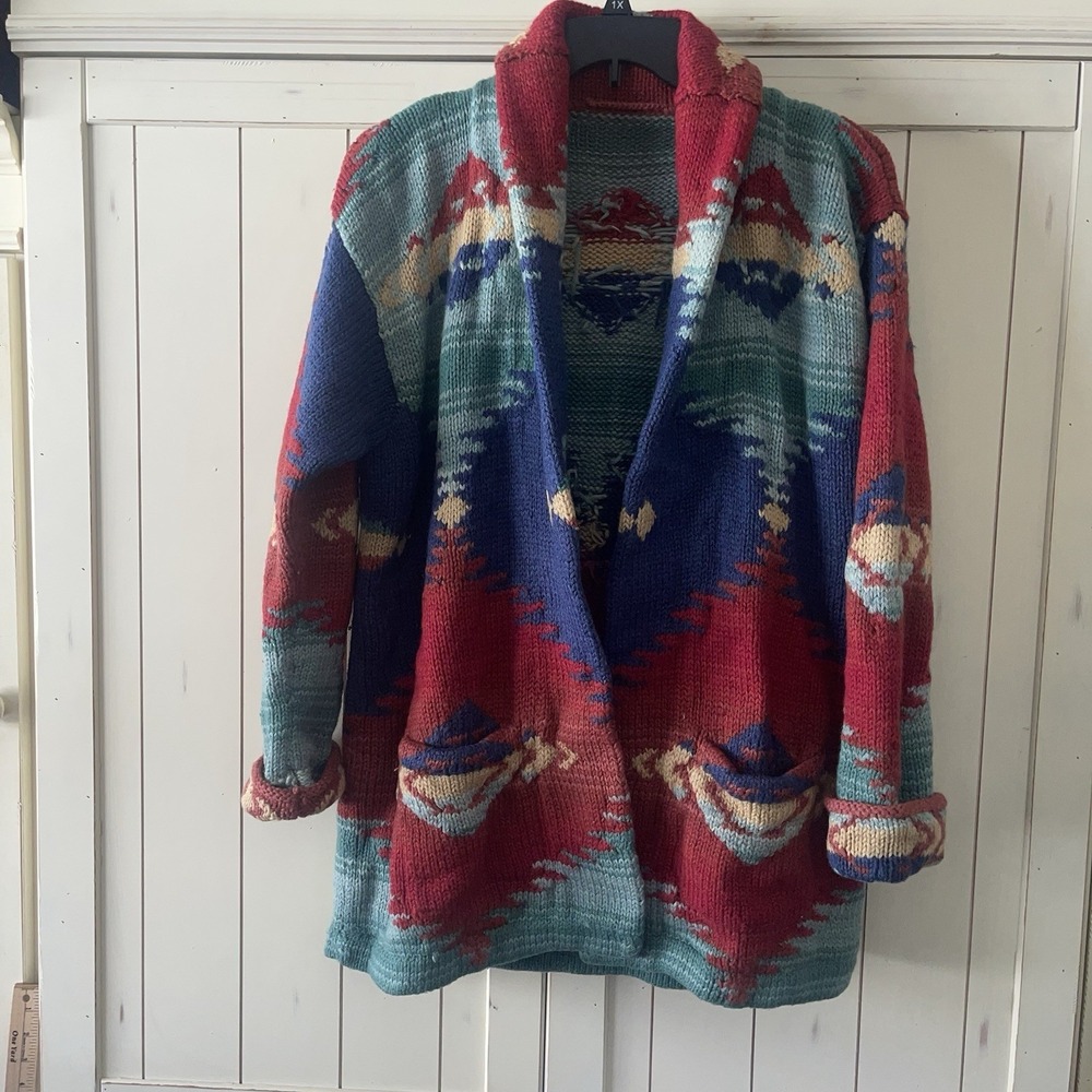 Ralph Lauren Southwestern Collar Cardigan Intarsia Knit Sweater 100% Wool READ*